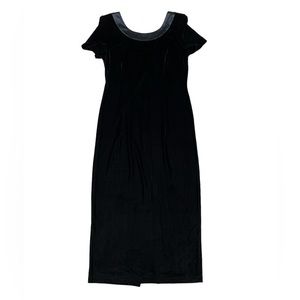 Plaza South Vintage Maxi Dress Black Velvet Short Sleeve Leg Slit On Back